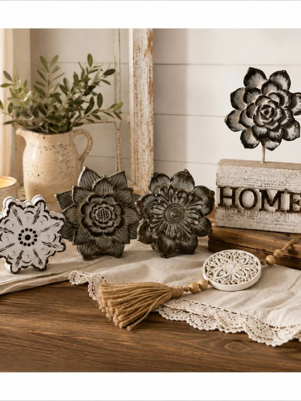 5-Piece Wooden Farmhouse Décor Set – Rustic Floral Shelf Sitters & HOME Sign